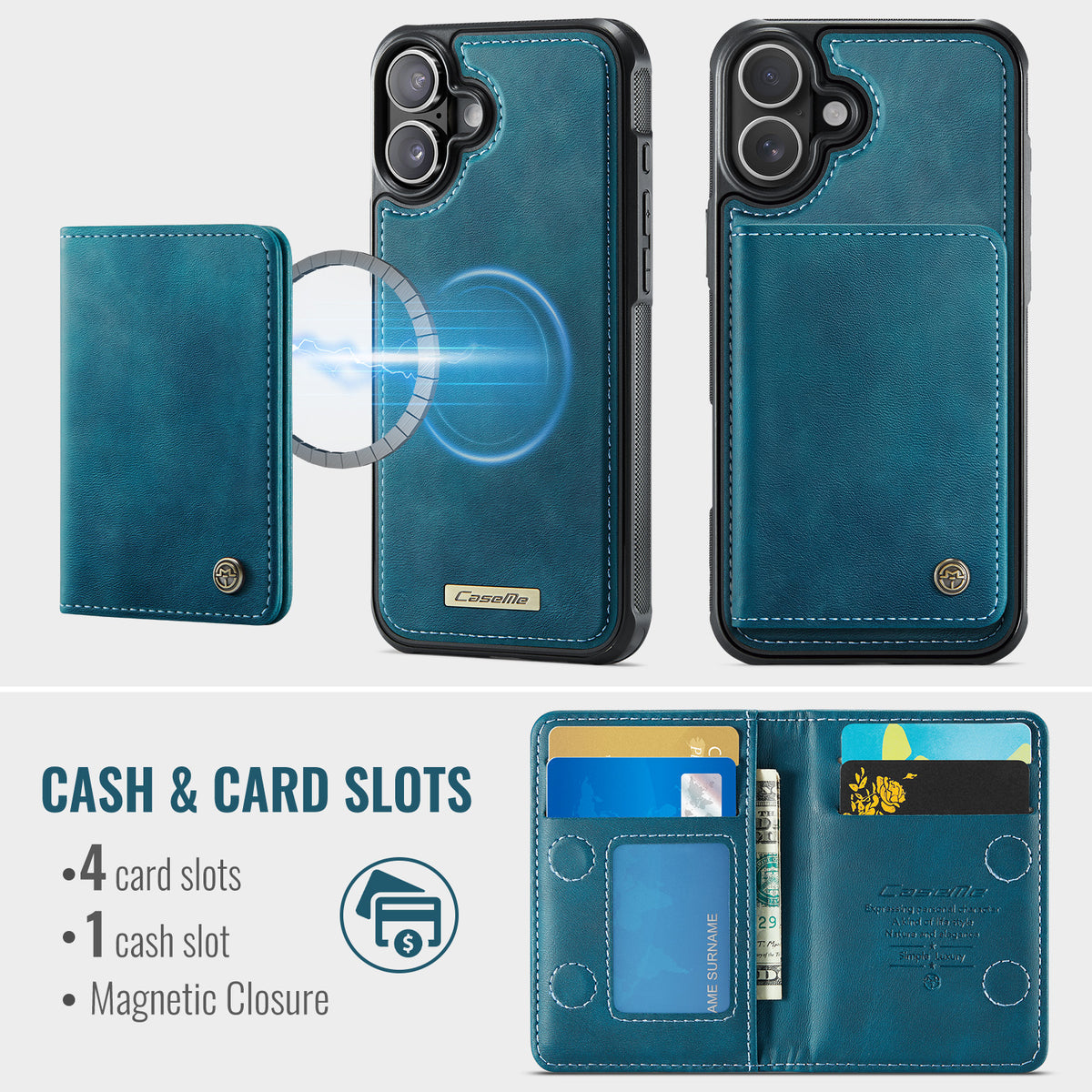 CASEME For iPhone 16 Plus Magnetic Case  ME80 Series Leather PC TPU Phone Cover with Detachable Wallet