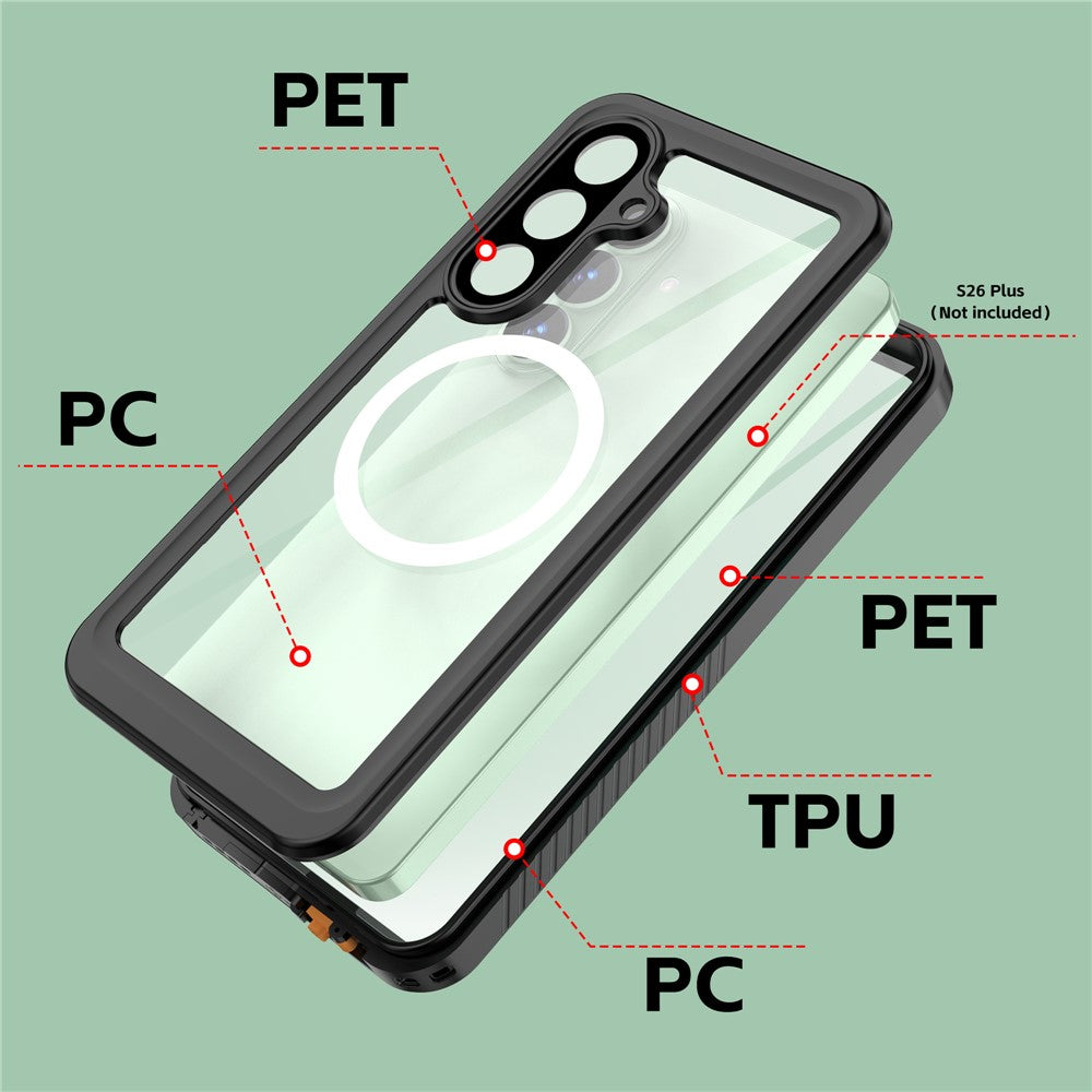REDPEPPER FS-serien vandtæt IPX8-etui til Samsung Galaxy S26+, PC TPU PET gennemsigtigt magnetisk mobilcover