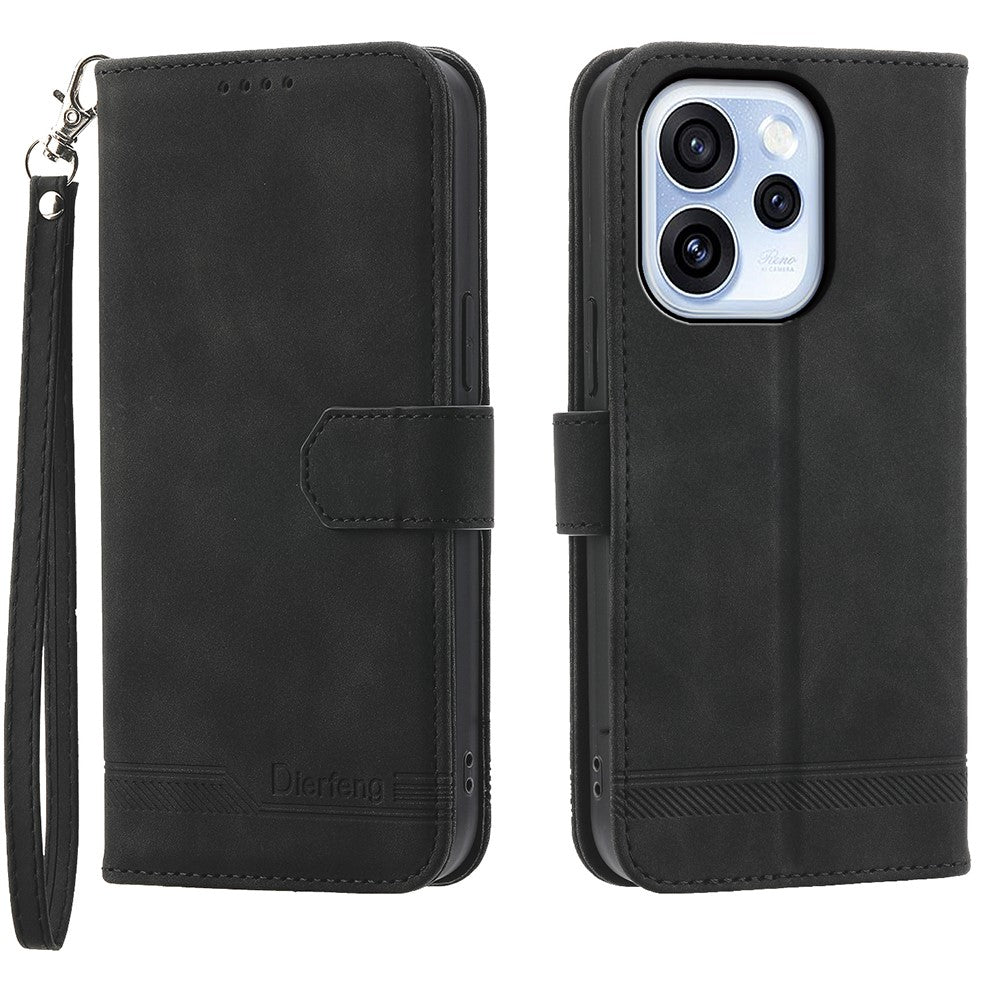 DIERFENG DF-03 För Oppo Reno15 F 5G Läderfodral Lines Imprint Plånboksfodral med Handledsrem
