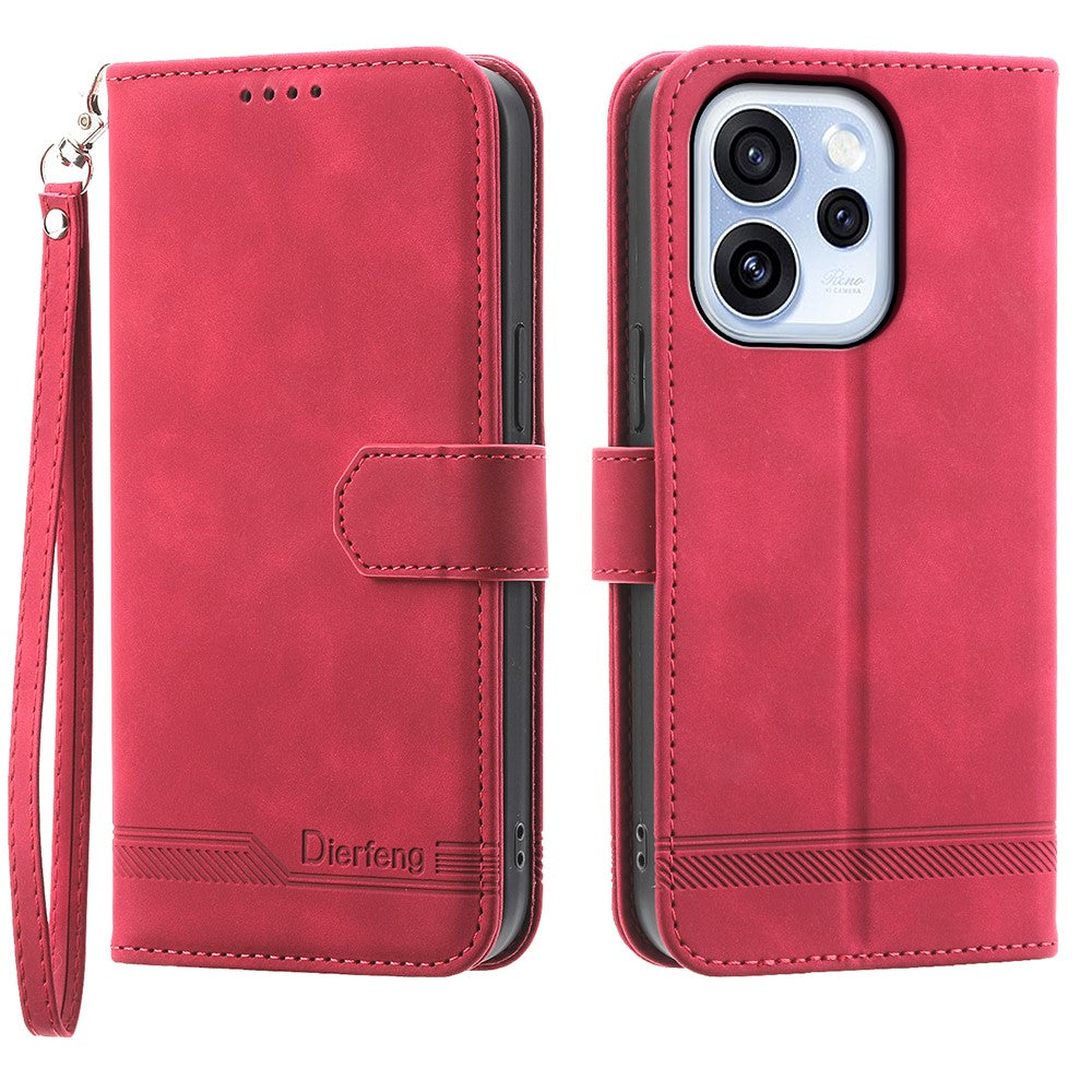 DIERFENG DF-03 För Oppo Reno15 F 5G Läderfodral Lines Imprint Plånboksfodral med Handledsrem