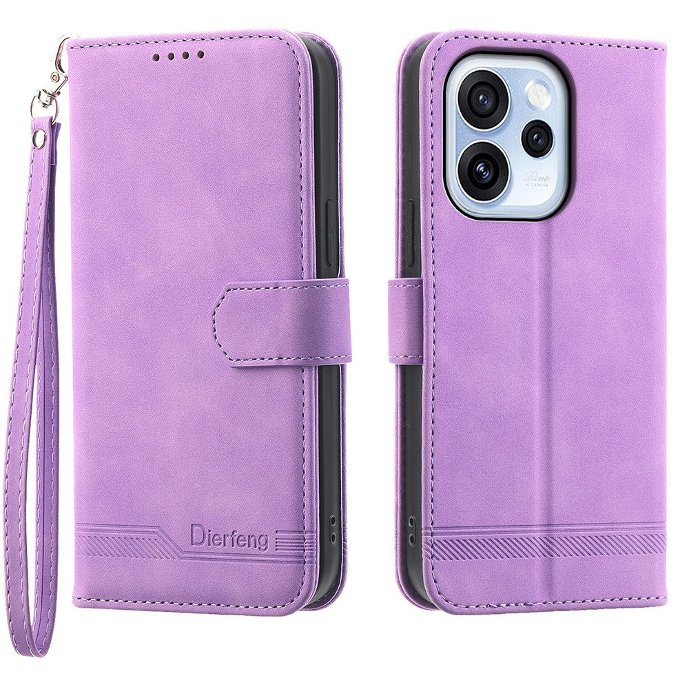 DIERFENG DF-03 För Oppo Reno15 F 5G Läderfodral Lines Imprint Plånboksfodral med Handledsrem