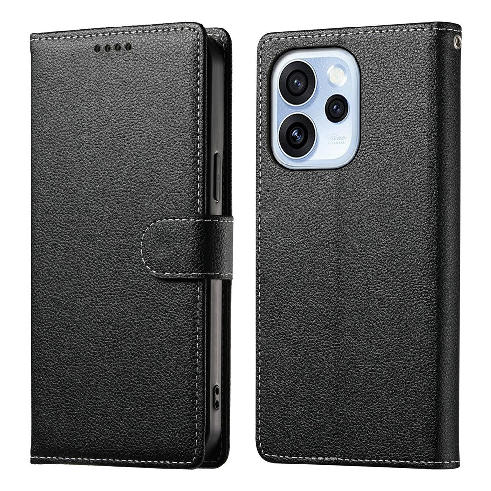 For Oppo Reno15 F 5G Case Magnetic Snap Litchi Texture Leather Wallet Phone Cover with Wrist Strap