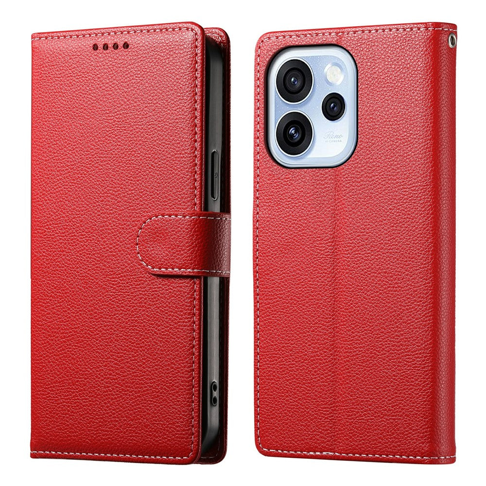 For Oppo Reno15 F 5G Case Magnetic Snap Litchi Texture Leather Wallet Phone Cover with Wrist Strap