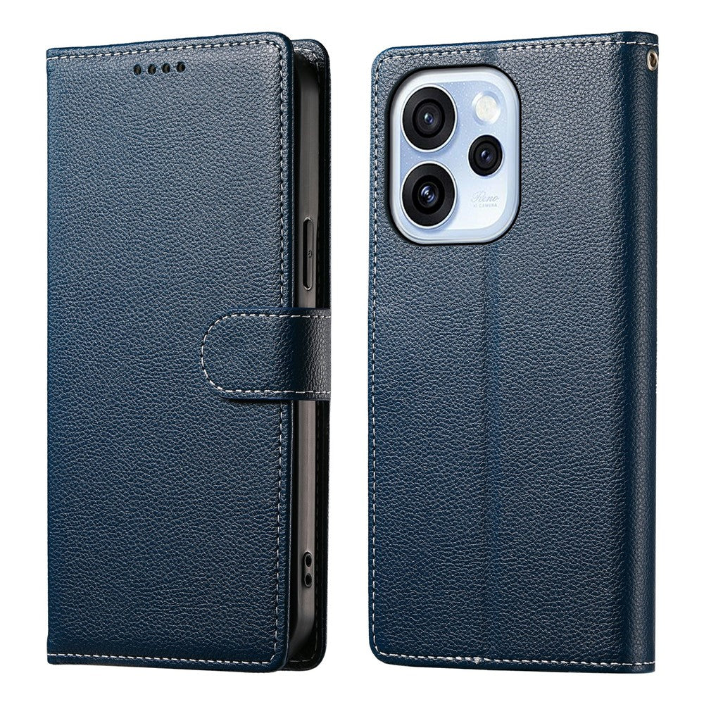 For Oppo Reno15 F 5G Case Magnetic Snap Litchi Texture Leather Wallet Phone Cover with Wrist Strap