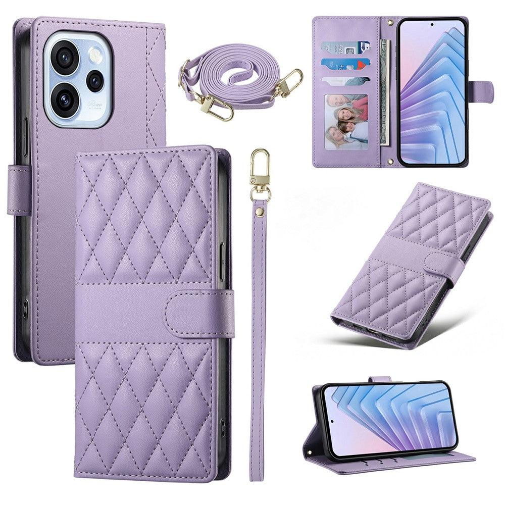 For Oppo Reno15 F 5G Wallet Case Rhombus Stitching Stand Leather Phone Cover with Long  /  Short Strap
