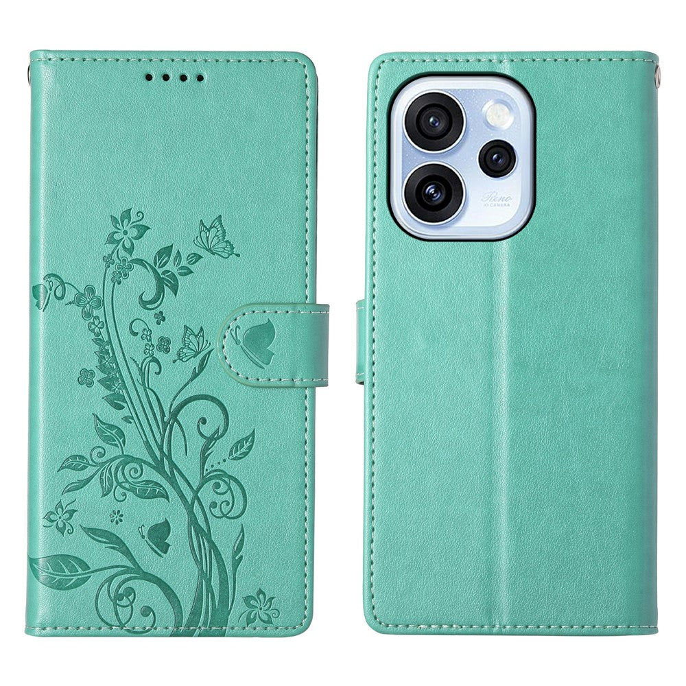 Oppo Reno15 F 5G Plånboksfodral Fjärilsblommigt PU-läder mobilskal med Handledsrem