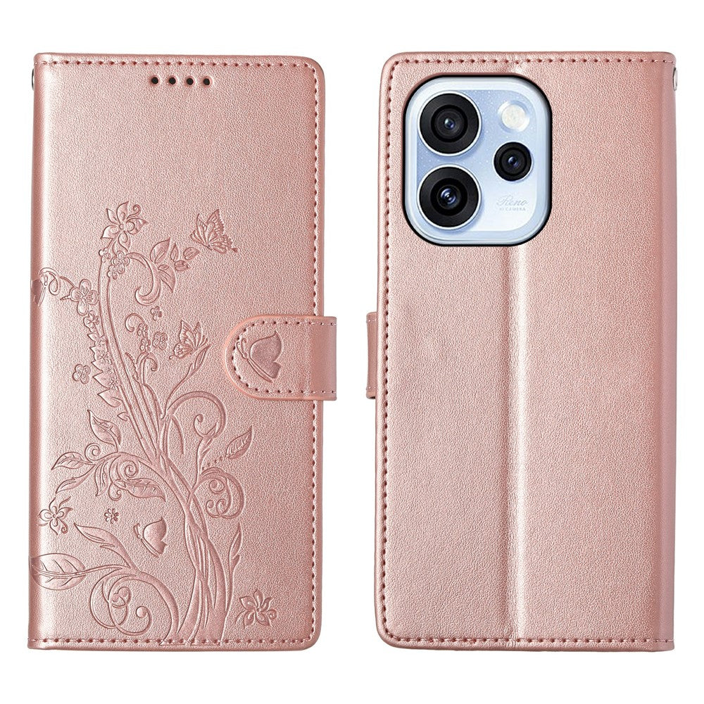 Oppo Reno15 F 5G Plånboksfodral Fjärilsblommigt PU-läder mobilskal med Handledsrem