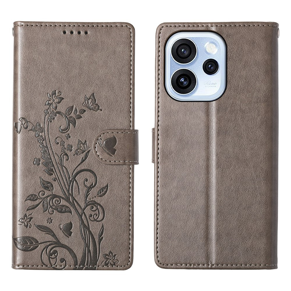 Oppo Reno15 F 5G Plånboksfodral Fjärilsblommigt PU-läder mobilskal med Handledsrem