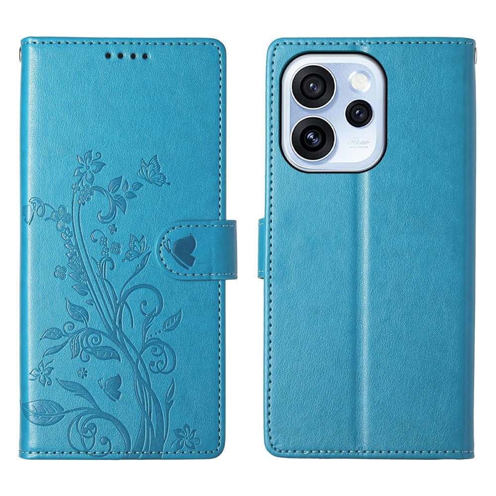 Oppo Reno15 F 5G Plånboksfodral Fjärilsblommigt PU-läder mobilskal med Handledsrem