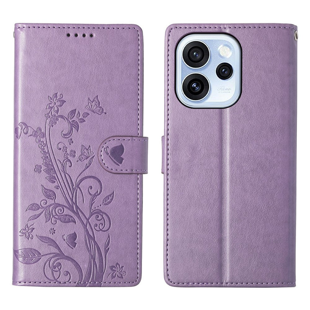Oppo Reno15 F 5G Plånboksfodral Fjärilsblommigt PU-läder mobilskal med Handledsrem