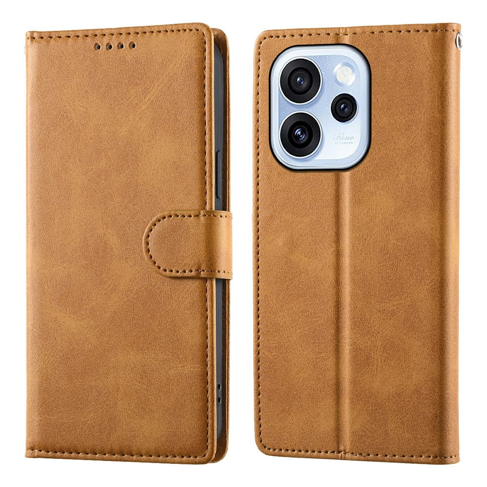 For Oppo Reno15 F 5G Case Stand Wallet Calf Texture PU Leather Flip Phone Cover with Wrist Strap