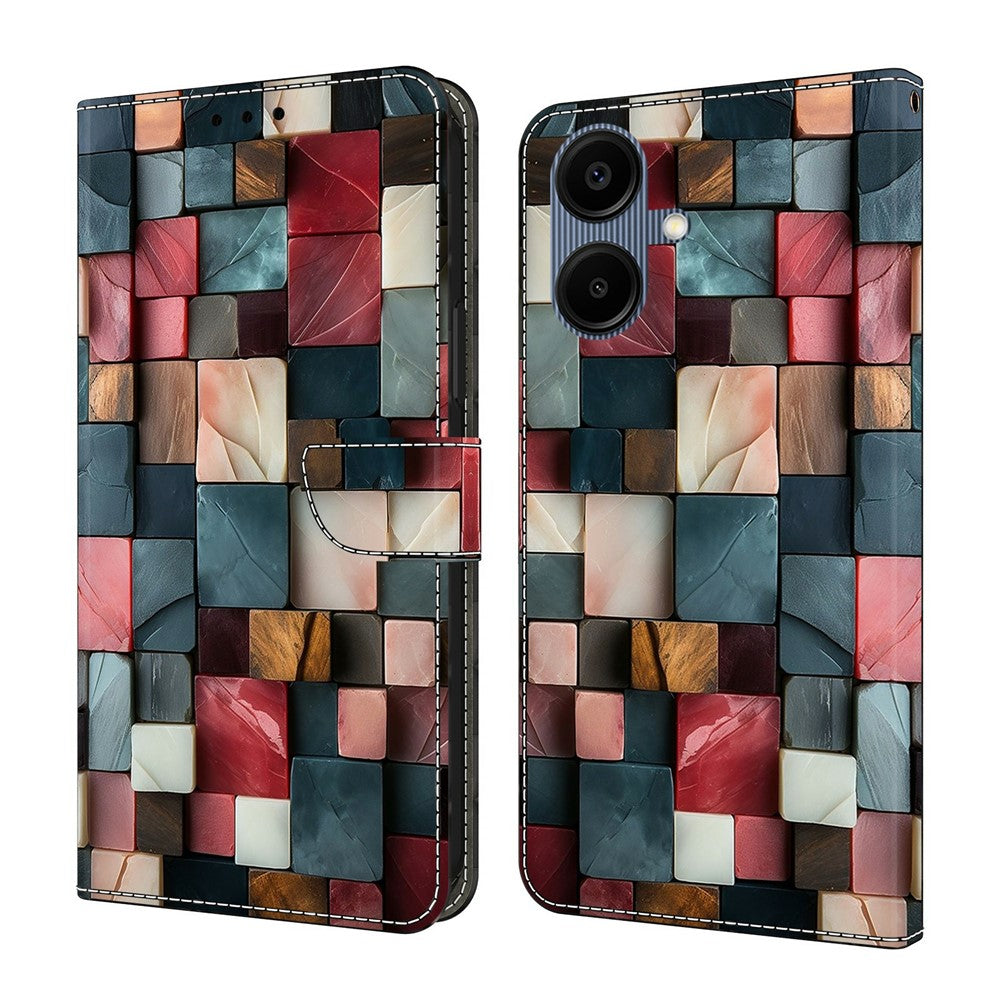 Samsung Galaxy A08 5G / A08 4G / A07 5G / A07 4G / A07s 4G tegnebogscover, sammenfoldeligt stativ, mønstertryk, læderflipcover