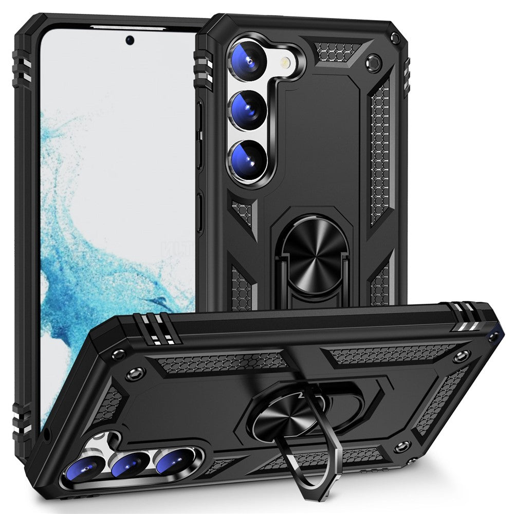 For Samsung Galaxy S23 Military Grade Shock-absorbing Case Ring Kickstand Design PC + TPU Back Cover