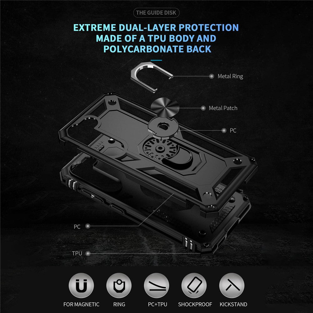 For Samsung Galaxy S23 Military Grade Shock-absorbing Case Ring Kickstand Design PC + TPU Back Cover