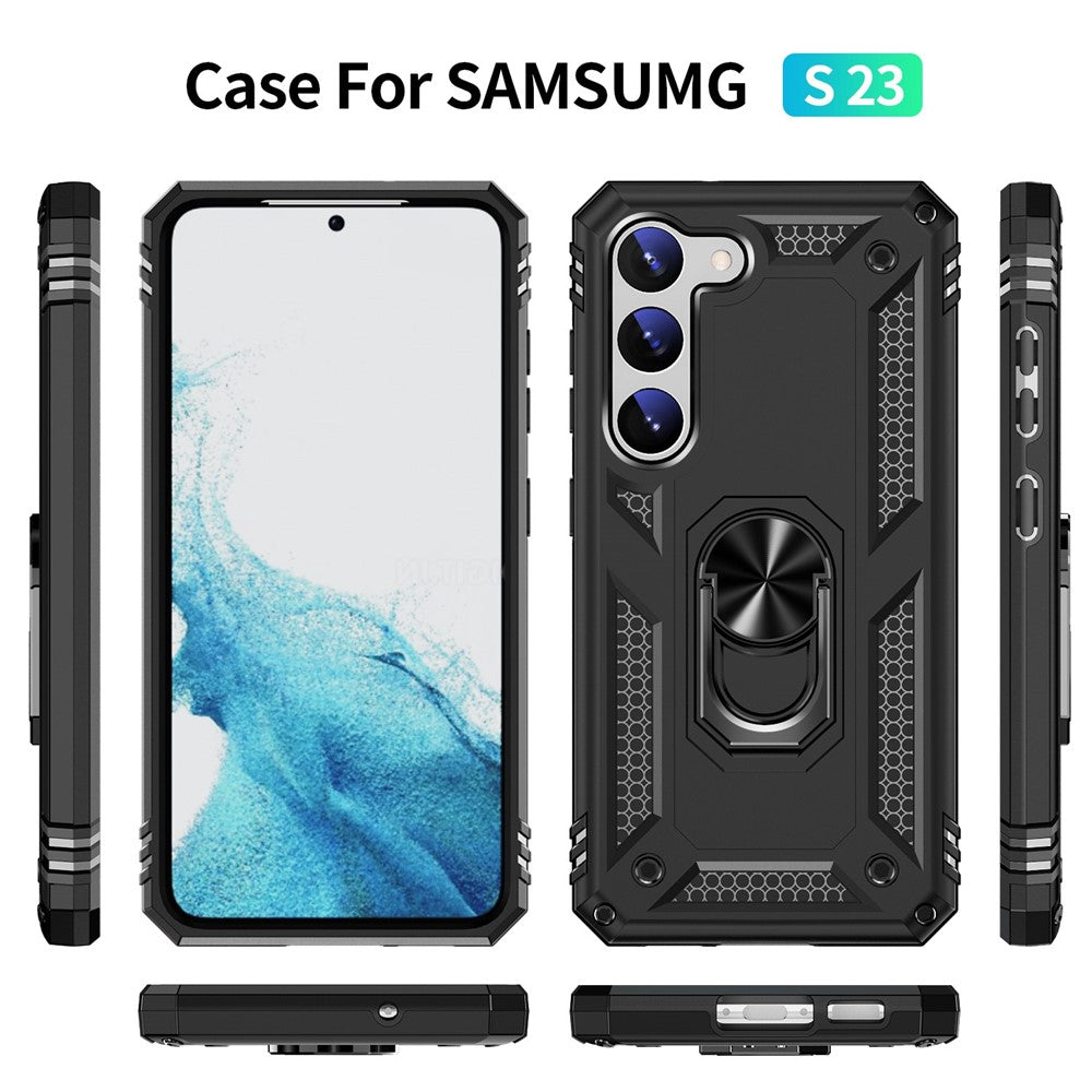 For Samsung Galaxy S23 Military Grade Shock-absorbing Case Ring Kickstand Design PC + TPU Back Cover