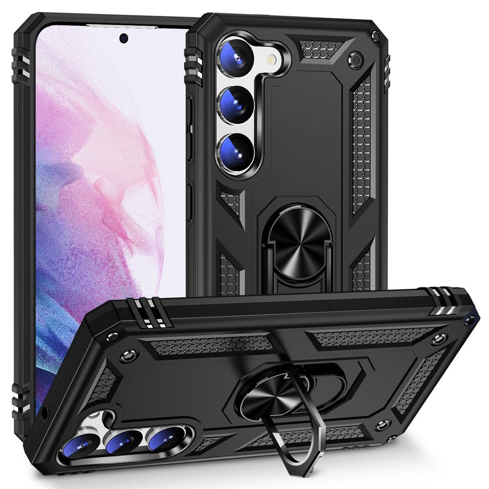 For Samsung Galaxy S23+ Fall-proof Military Grade Case Ring Kickstand Design PC + TPU Back Cover