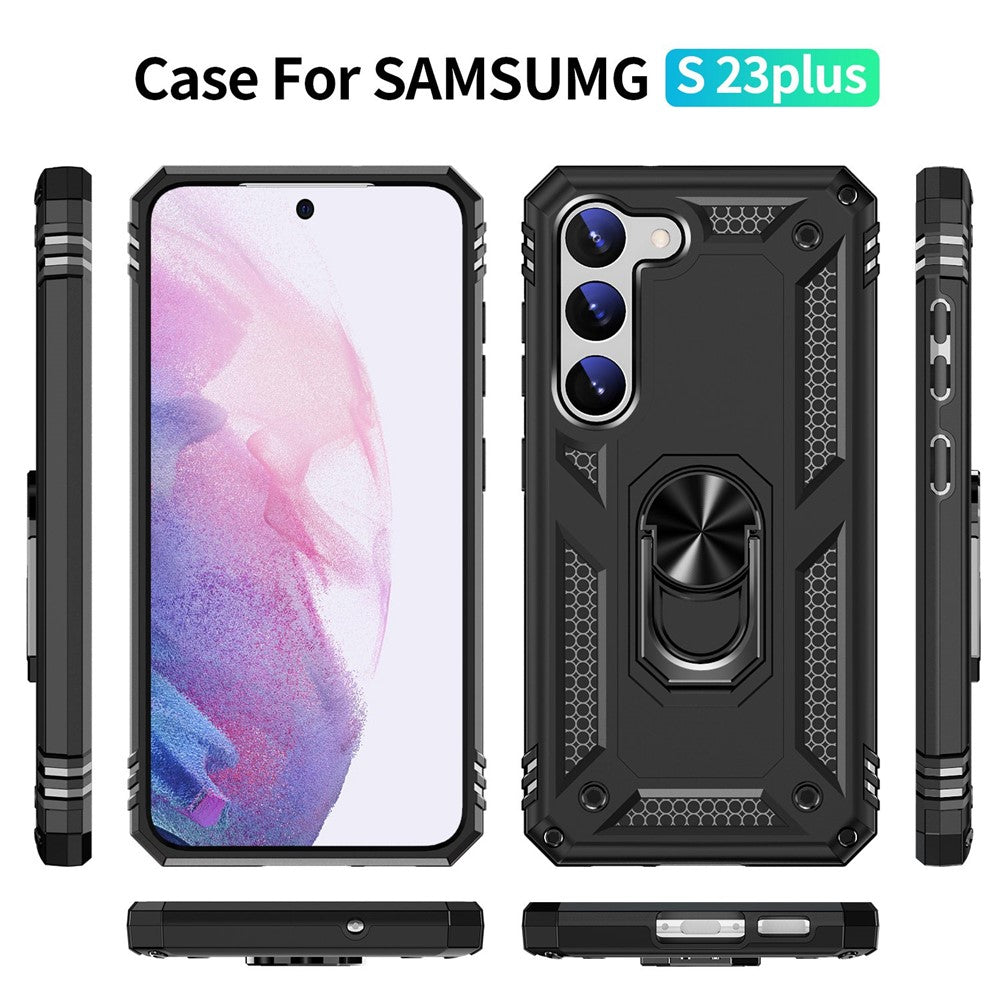 For Samsung Galaxy S23+ Fall-proof Military Grade Case Ring Kickstand Design PC + TPU Back Cover