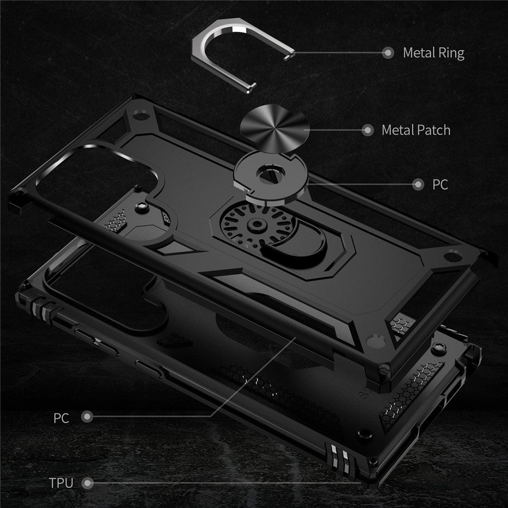 For Samsung Galaxy S23 Ultra Military Grade Case Ring Kickstand Design PC + TPU Hybrid Shell Back Cover