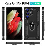 For Samsung Galaxy S23 Ultra Military Grade Case Ring Kickstand Design PC + TPU Hybrid Shell Back Cover