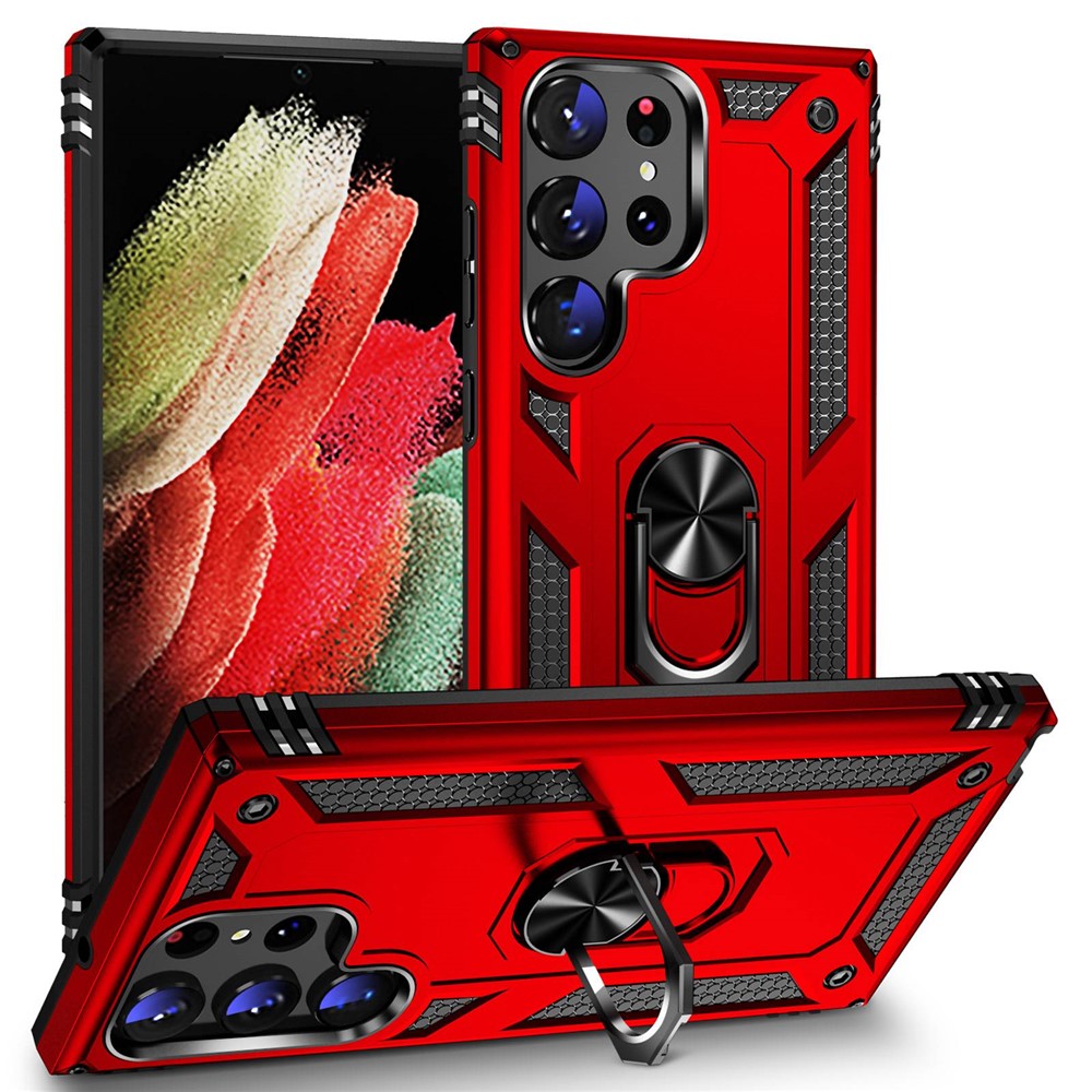 For Samsung Galaxy S23 Ultra Military Grade Case Ring Kickstand Design PC + TPU Hybrid Shell Back Cover