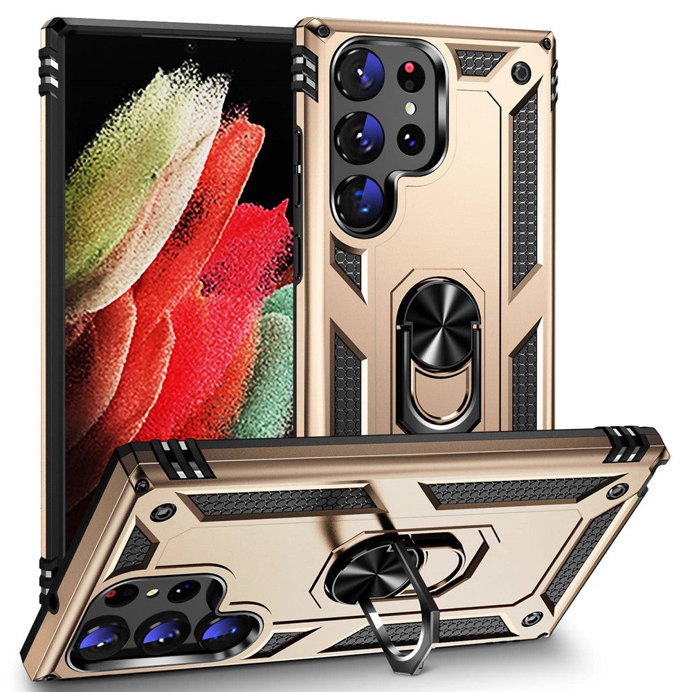 For Samsung Galaxy S23 Ultra Military Grade Case Ring Kickstand Design PC + TPU Hybrid Shell Back Cover