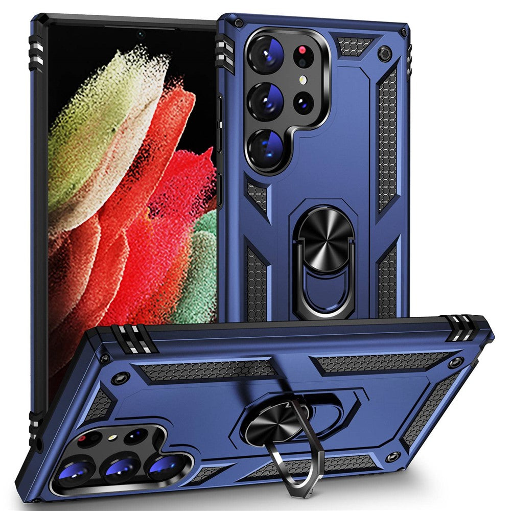 For Samsung Galaxy S23 Ultra Military Grade Case Ring Kickstand Design PC + TPU Hybrid Shell Back Cover