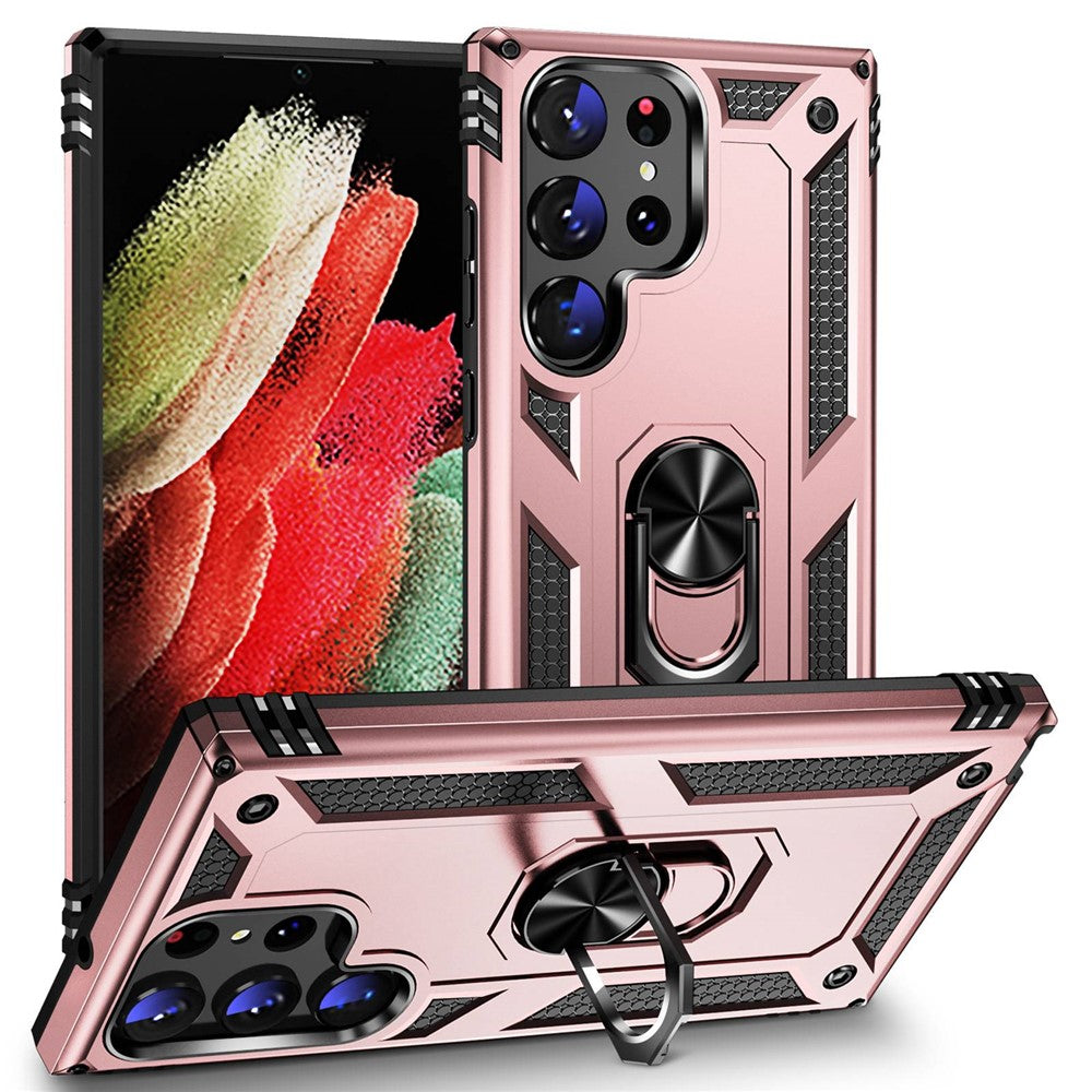 For Samsung Galaxy S23 Ultra Military Grade Case Ring Kickstand Design PC + TPU Hybrid Shell Back Cover
