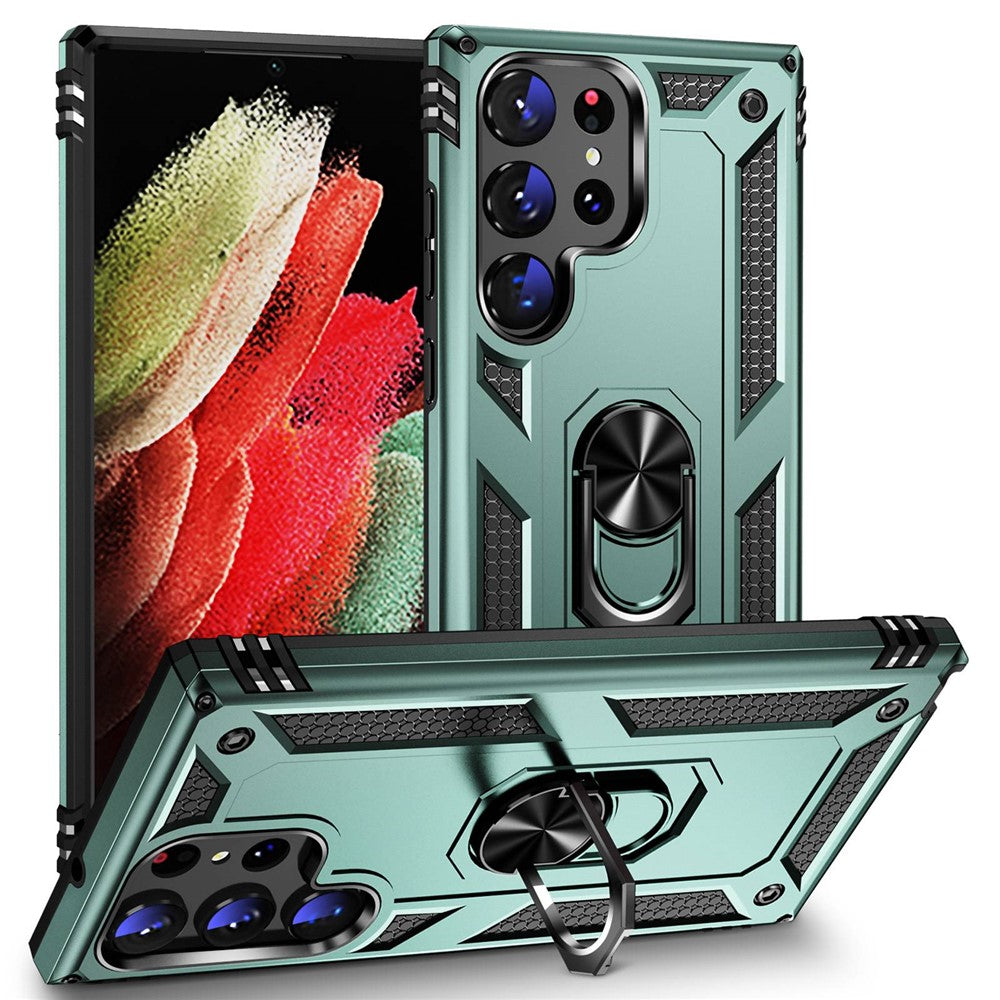 For Samsung Galaxy S23 Ultra Military Grade Case Ring Kickstand Design PC + TPU Hybrid Shell Back Cover