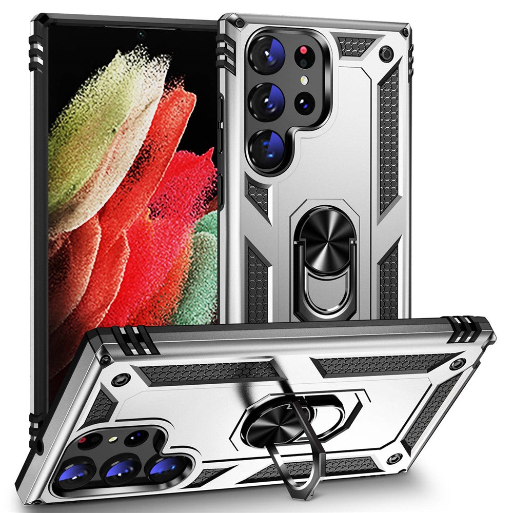 For Samsung Galaxy S23 Ultra Military Grade Case Ring Kickstand Design PC + TPU Hybrid Shell Back Cover