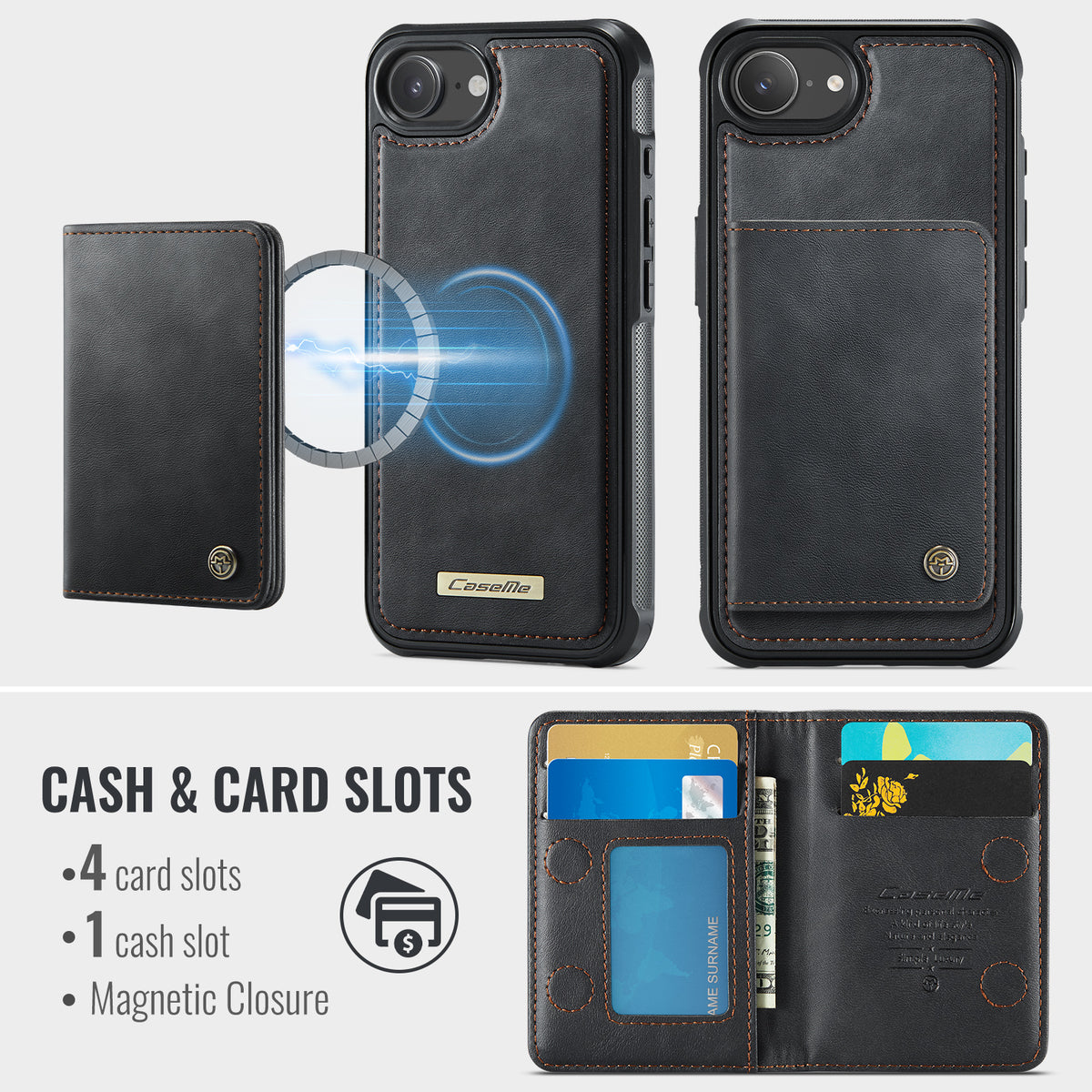 CASEME For iPhone 17e / 16e Magnetic Case  ME80 Series Leather PC TPU Phone Cover with Detachable Wallet