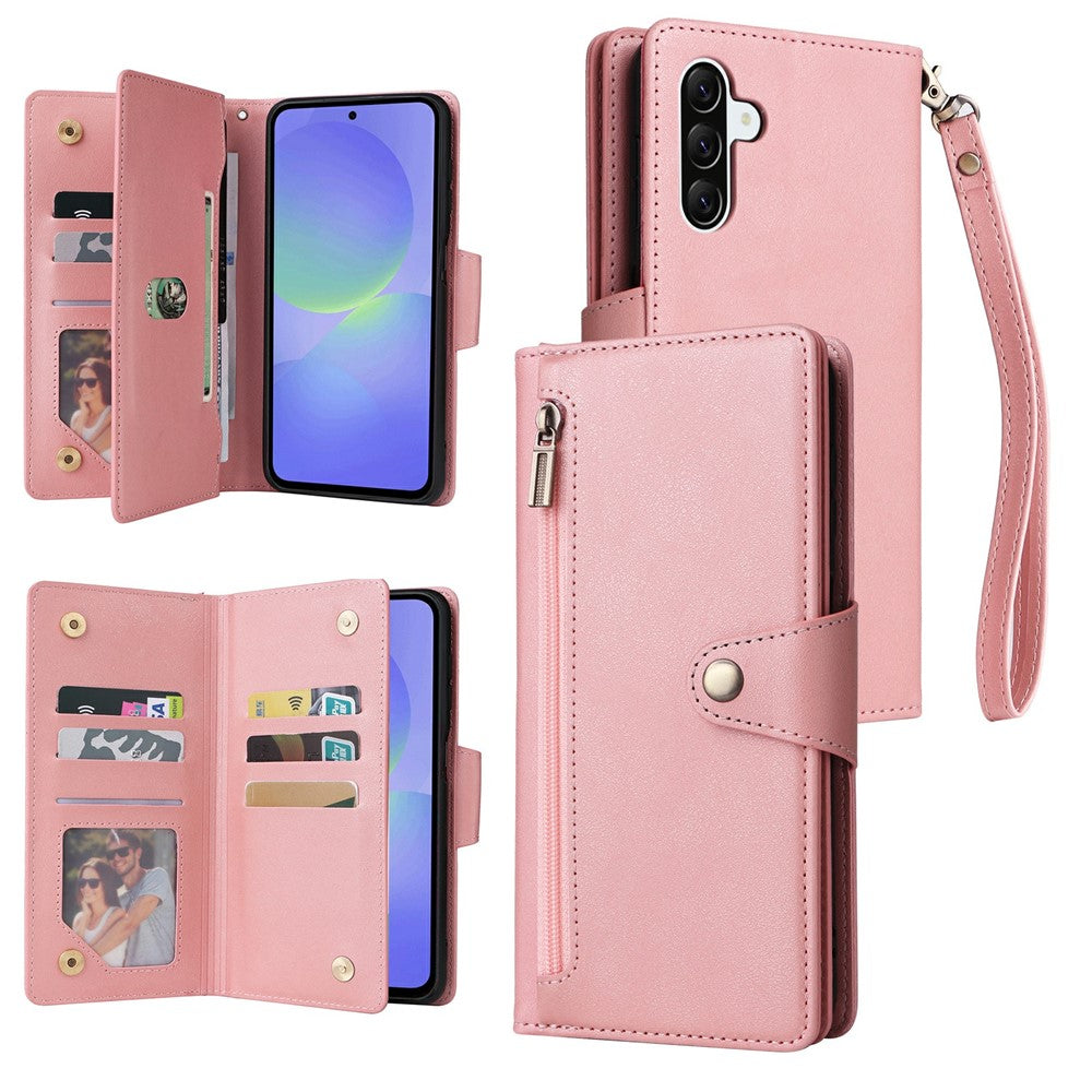 For Samsung Galaxy A57 5G Case Zipper Wallet Rivet Decor Leather Phone Cover with Wrist Strap