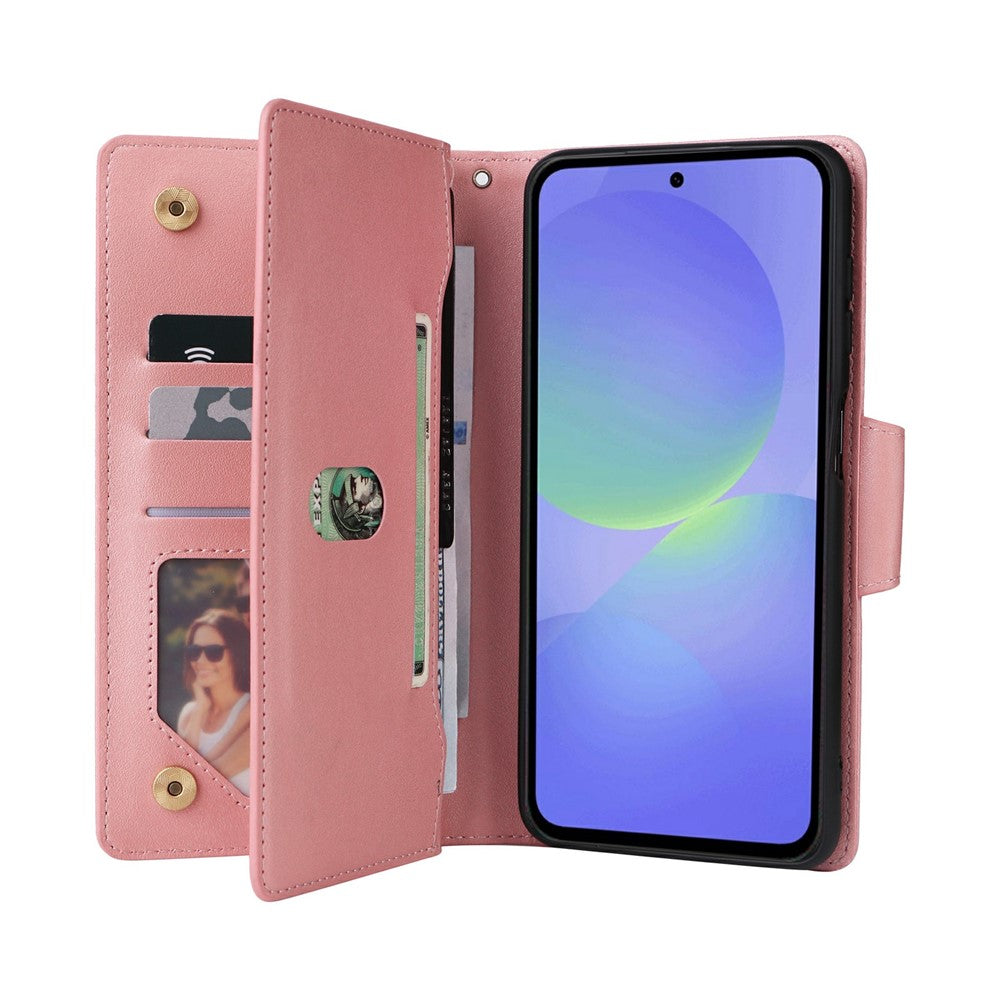 For Samsung Galaxy A57 5G Case Zipper Wallet Rivet Decor Leather Phone Cover with Wrist Strap