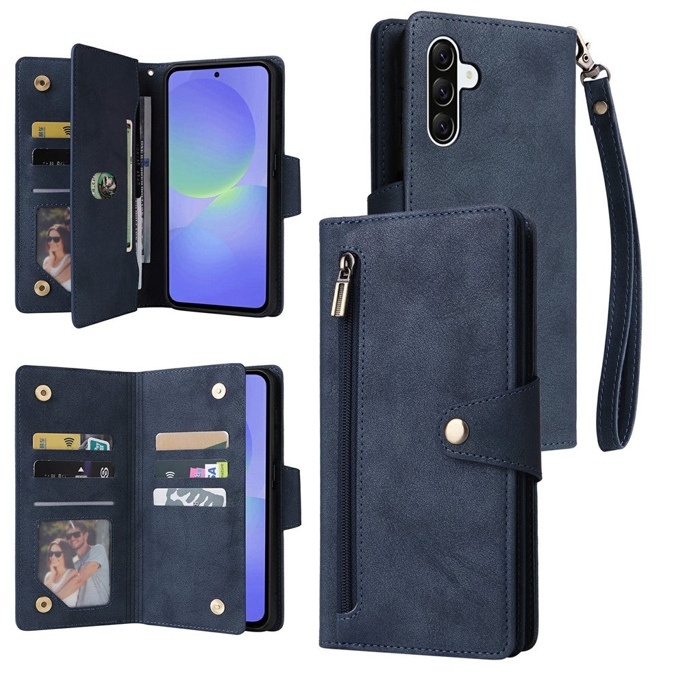 For Samsung Galaxy A57 5G Case Zipper Wallet Rivet Decor Leather Phone Cover with Wrist Strap