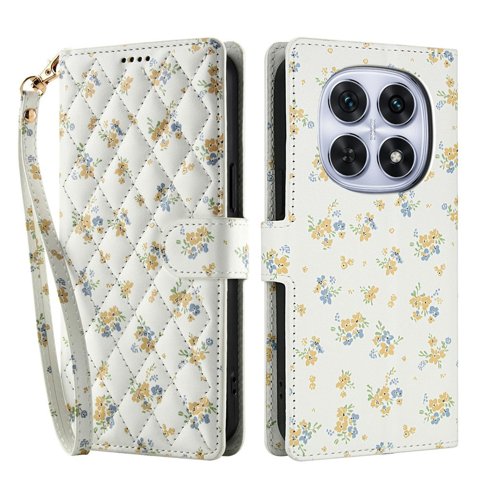 Xiaomi Poco M8 5G / Redmi Note 15 5G (Global) / 15 4G (Global) Plånboksfodral Rombiskt Blommönster Läderflikfodral med Rem