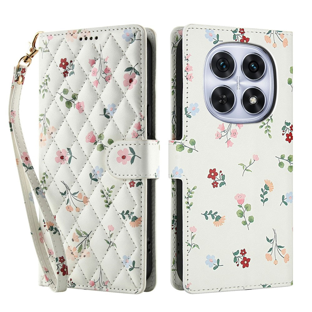 Xiaomi Poco M8 5G / Redmi Note 15 5G (Global) / 15 4G (Global) Plånboksfodral Rombiskt Blommönster Läderflikfodral med Rem