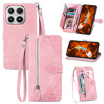 For Xiaomi 17 Zipper Wallet Case with Strap Flower Imprint PU Leather Phone Cover