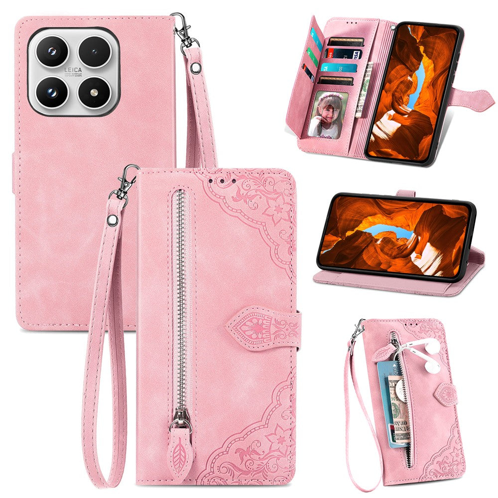 For Xiaomi 17 Zipper Wallet Case with Strap Flower Imprint PU Leather Phone Cover