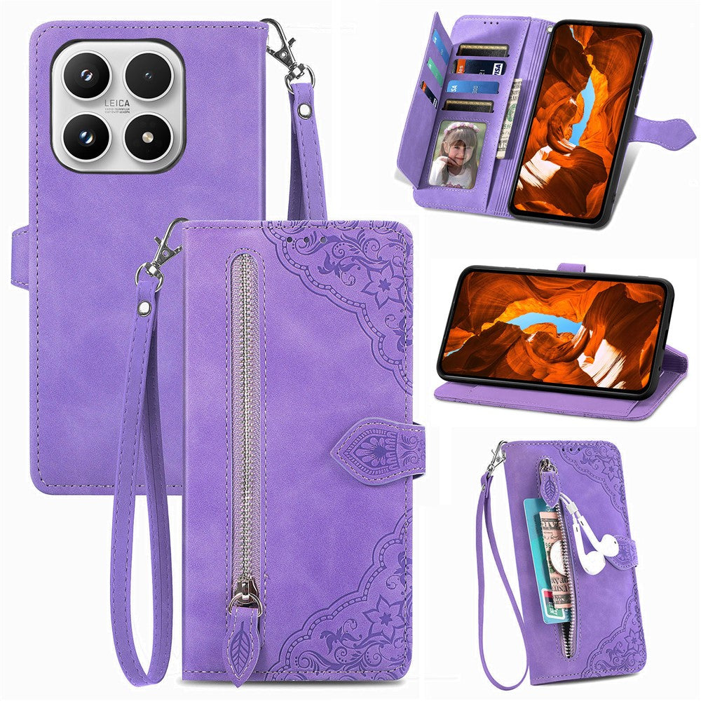 For Xiaomi 17 Zipper Wallet Case with Strap Flower Imprint PU Leather Phone Cover