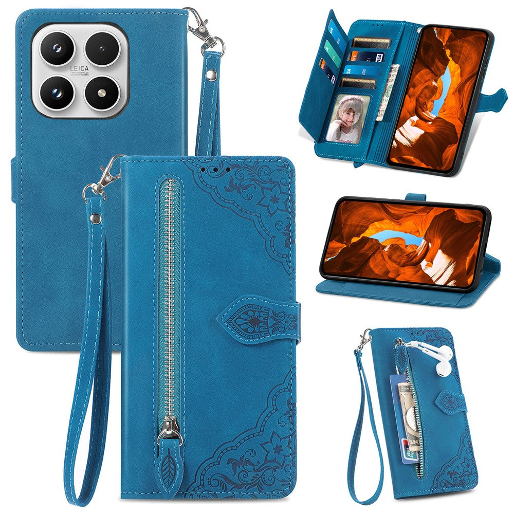 For Xiaomi 17 Zipper Wallet Case with Strap Flower Imprint PU Leather Phone Cover