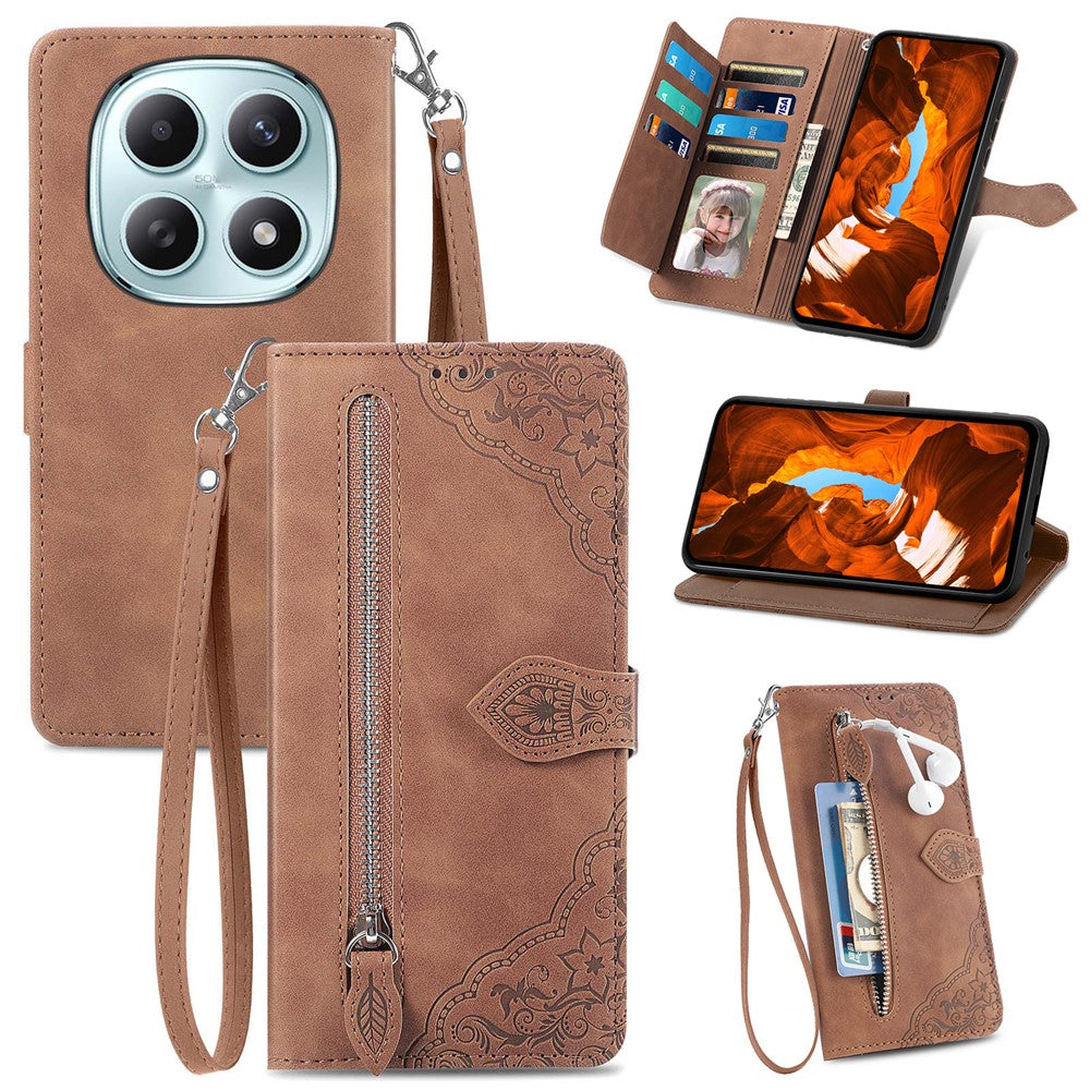 Phone Case For Xiaomi Poco M8 5G / Redmi Note 15 5G (Global) / 15 4G (Global) Zipper Wallet with Strap Flower Imprint PU Leather Phone Cover