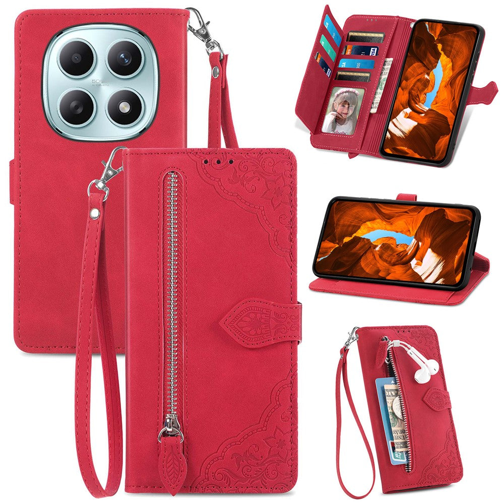 Phone Case For Xiaomi Poco M8 5G / Redmi Note 15 5G (Global) / 15 4G (Global) Zipper Wallet with Strap Flower Imprint PU Leather Phone Cover