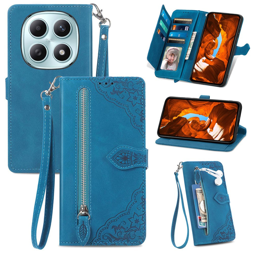 Phone Case For Xiaomi Poco M8 5G / Redmi Note 15 5G (Global) / 15 4G (Global) Zipper Wallet with Strap Flower Imprint PU Leather Phone Cover