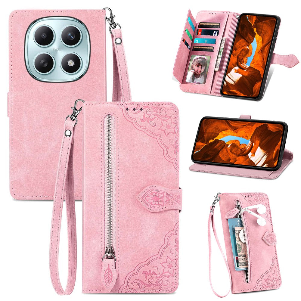 Phone Case For Xiaomi Poco M8 5G / Redmi Note 15 5G (Global) / 15 4G (Global) Zipper Wallet with Strap Flower Imprint PU Leather Phone Cover