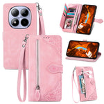 For Xiaomi Redmi Note 15 Pro 5G (Global) Zipper Wallet Case with Strap Flower Imprint PU Leather Phone Cover