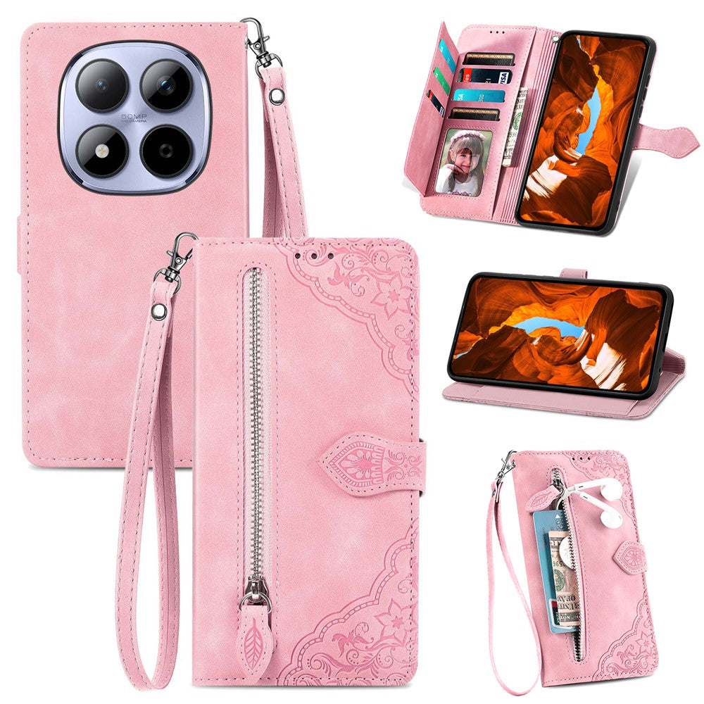 For Xiaomi Redmi Note 15 Pro 5G (Global) Zipper Wallet Case with Strap Flower Imprint PU Leather Phone Cover