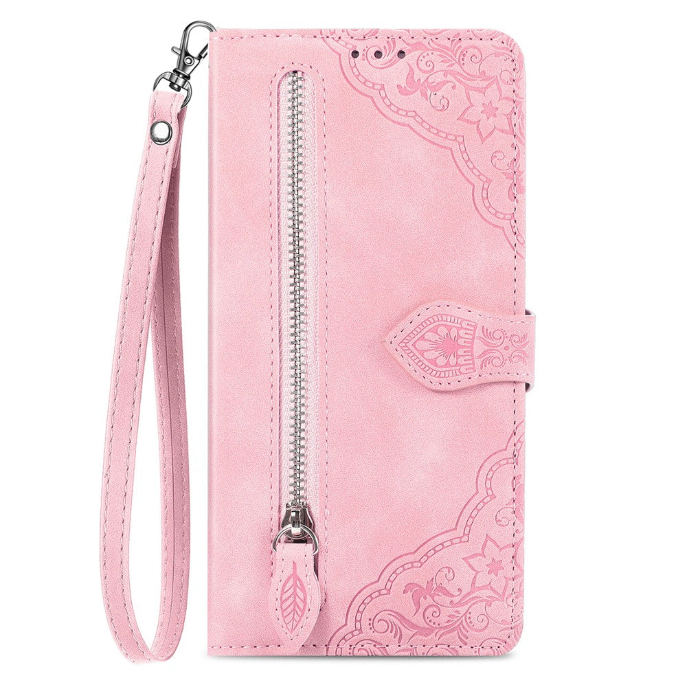 For Xiaomi Redmi Note 15 Pro 5G (Global) Zipper Wallet Case with Strap Flower Imprint PU Leather Phone Cover