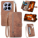For Xiaomi Redmi Note 15 Pro 5G (Global) Zipper Wallet Case with Strap Flower Imprint PU Leather Phone Cover