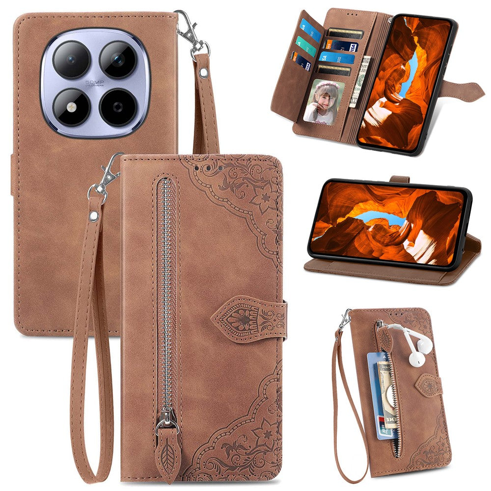 For Xiaomi Redmi Note 15 Pro 5G (Global) Zipper Wallet Case with Strap Flower Imprint PU Leather Phone Cover