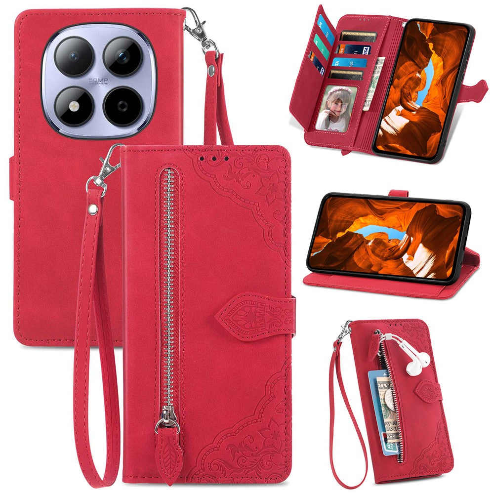 For Xiaomi Redmi Note 15 Pro 5G (Global) Zipper Wallet Case with Strap Flower Imprint PU Leather Phone Cover