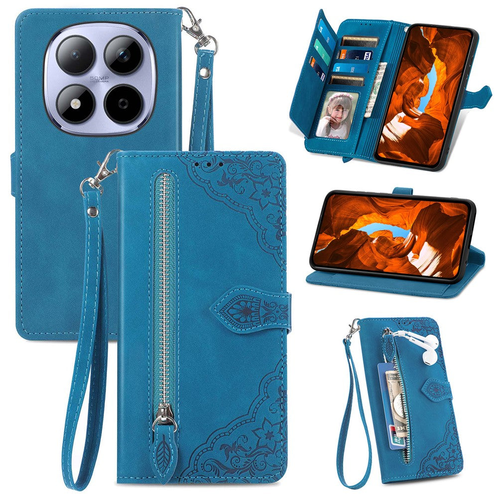 For Xiaomi Redmi Note 15 Pro 5G (Global) Zipper Wallet Case with Strap Flower Imprint PU Leather Phone Cover